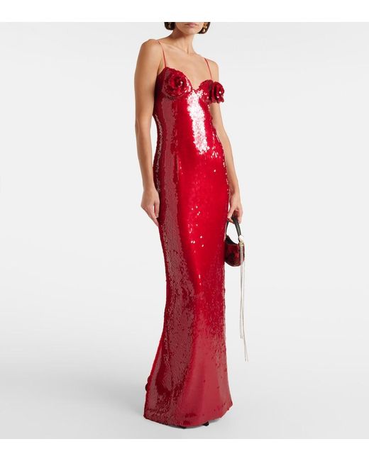 Magda Butrym Red Floral-Applique Sequined Gown