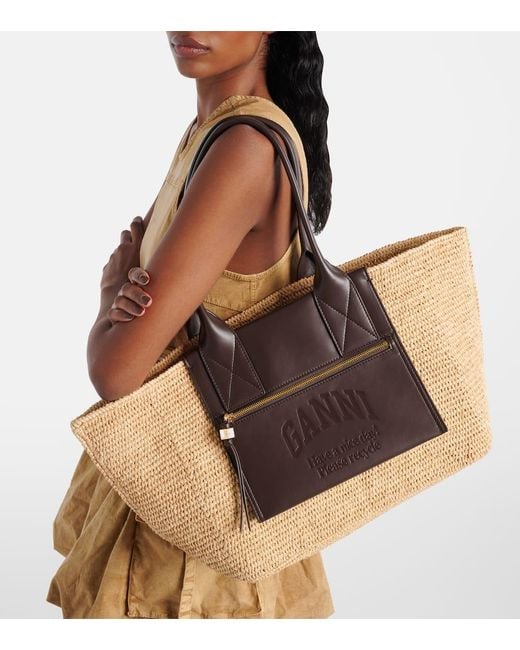 Ganni Brown Faux Leather-Trimmed Raffia Tote Bag