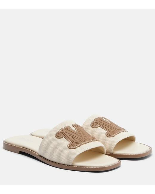Max Mara Natural Caucaso Leather-Trimmed Canvas Slides