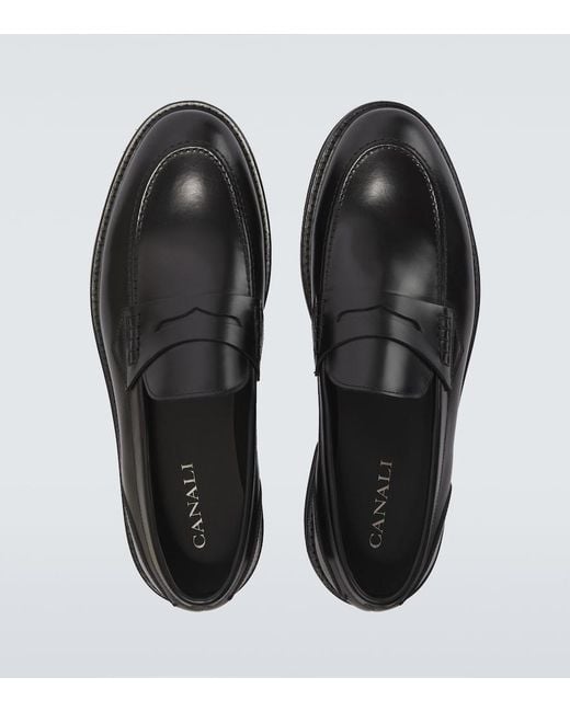 Canali Black Leather Penny Loafers for men
