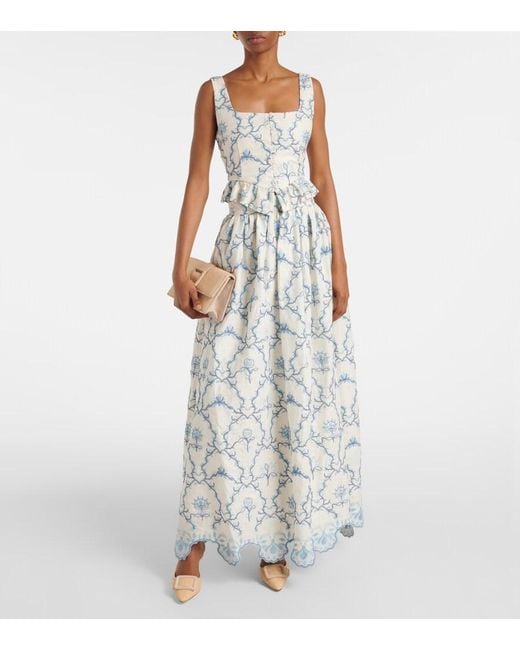 Agua Bendita Blue Tangelo Floral Linen Maxi Skirt