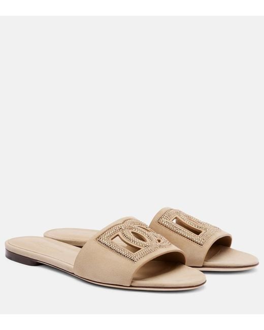Dolce & Gabbana Natural Dg Crystal-Embellished Suede Slides
