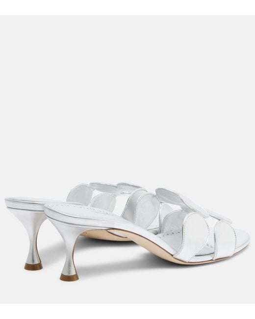 Manolo Blahnik White Haribalmu 50 Metallic Leather Mules