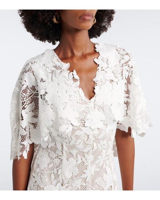 Oscar de la Renta White Caped Floral Guipure Lace Gown