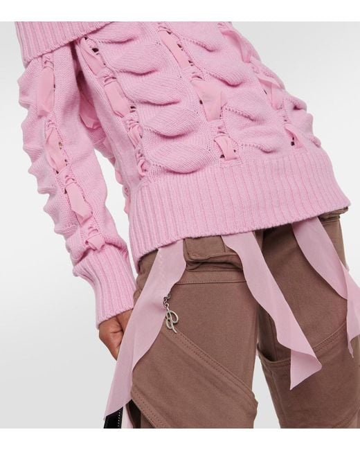 Blumarine Pink Rushed Off-Shoulder Wool Sweater