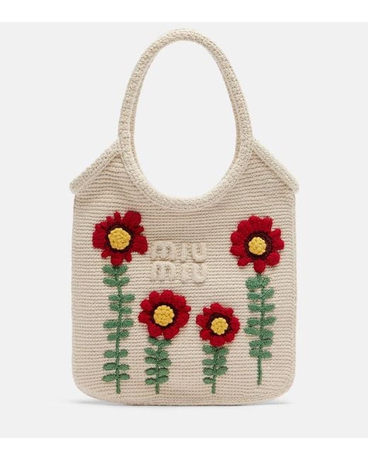 Miu Miu White Ivy Embroidered Crochet Tote Bag