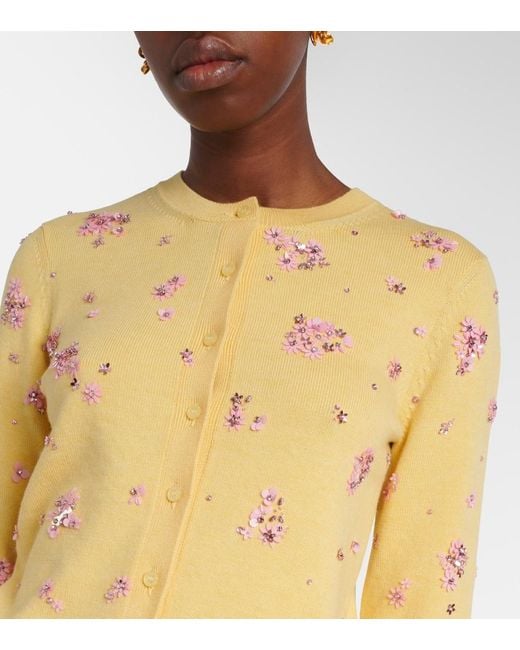 Oscar de la Renta Yellow Crystal Cluster Virgin Wool Cardigan