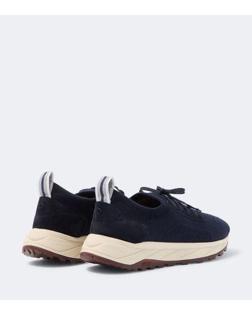 Fedeli Blue Knitted Suede-Trimmed Sneakers for men
