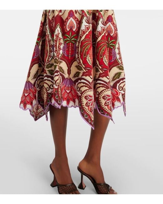 Farm Rio Red Odara Scalloped Linen-Blend Midi Skirt