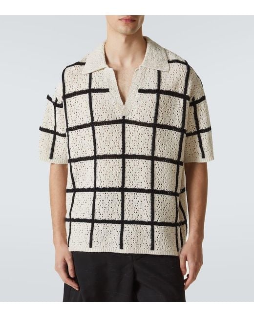 Commas White Checked Crochet Cotton And Wool Polo Shirt for men