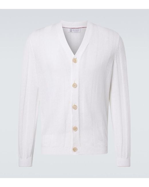 Brunello Cucinelli White Cotton And Linen Cardigan for men