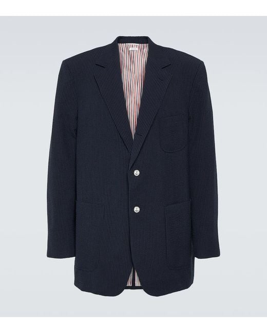 Thom Browne Blue Seersucker Wool Blazer for men