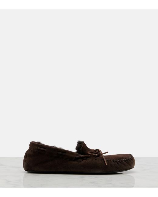 The Row Brown Lucca Shearling-Trimmed Suede Boat Shoes