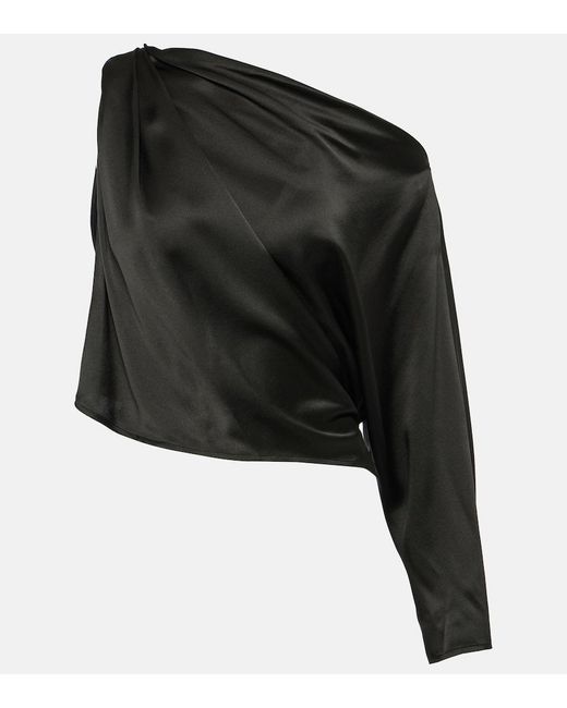 The Sei Black Draped One-Shoulder Silk Satin Top