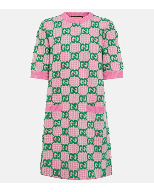 Gucci Green GG Houndstooth Boucle Wool Minidress
