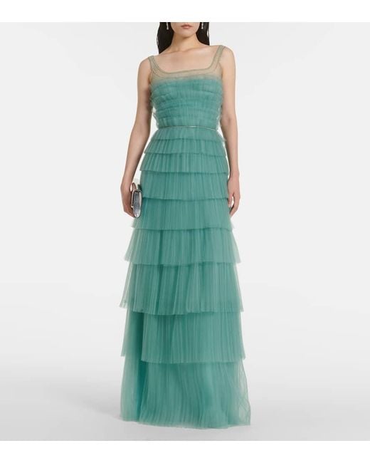 Costarellos Green Kali Embellished Tulle-Trimmed Plisse Gown
