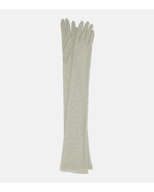 Oseree White Crystal-Embellished Mesh Gloves