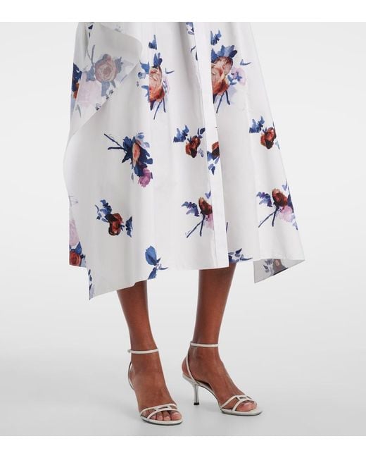Erdem White Floral-Print Long-Sleeve Cotton-Poplin Midi Shirt Dress