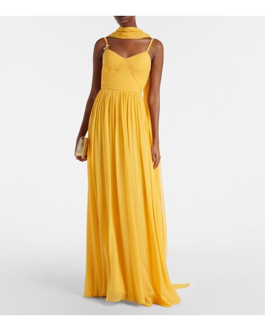 Elie Saab Yellow Embellished Scarf-Detail Silk Gown