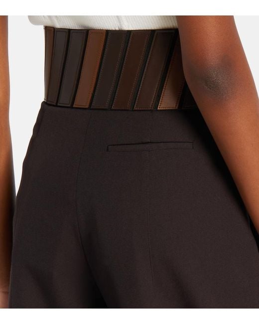 Alaïa Black Leather-Trimmed Wool Straight Pants