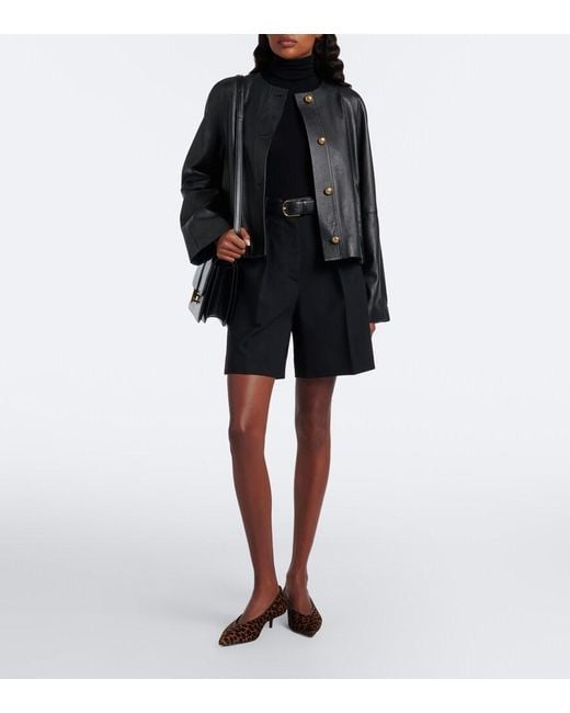 Max Mara Black Leather-Trimmed Wool-Blend Shorts