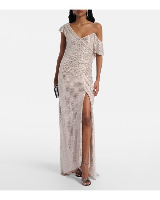 Self-Portrait White Draped Rhinestone-Embellished Maxi Dress