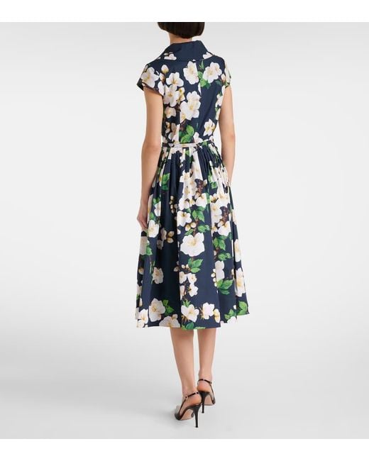 Oscar de la Renta Blue Floral Pleated Cotton-Blend Midi Dress