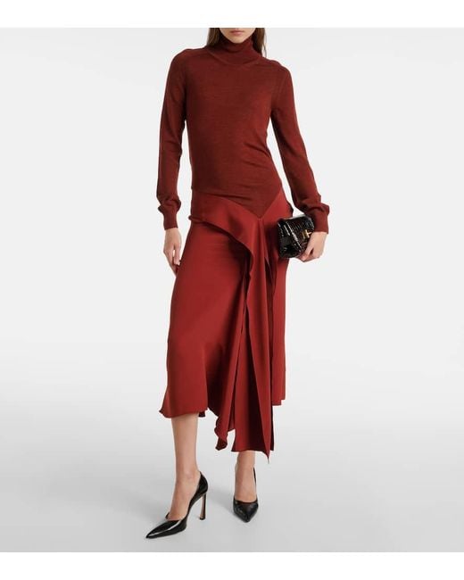 Victoria Beckham Red Turtleneck Wool And Crepe Midi Dress