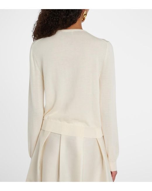 Oscar de la Renta White Foxgloves Embroidered Virgin Wool Cardigan
