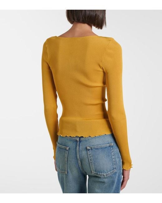 Saint Laurent Yellow Ribbed-Knit Silk Top