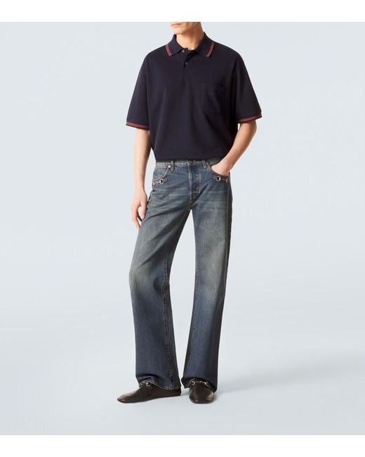Gucci Blue Web Stripe Cotton-Blend Pique Polo Shirt for men