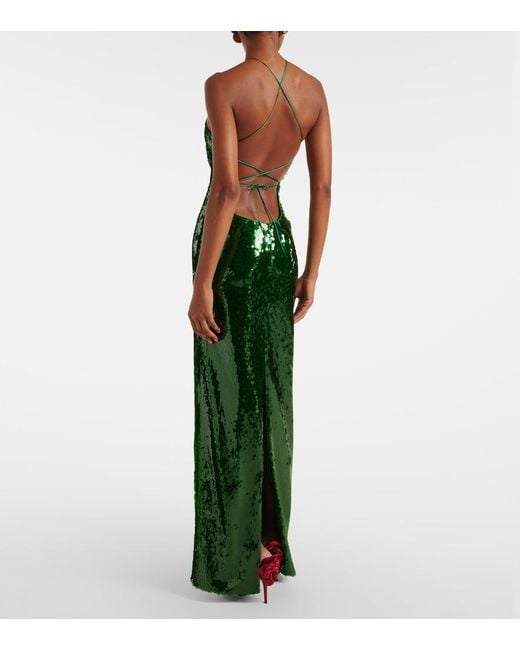 Magda Butrym Green Floral-Applique Sequined Halterneck Gown