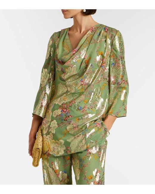 Valentino Green Draped Fil Coupe Silk-Blend Lame Blouse