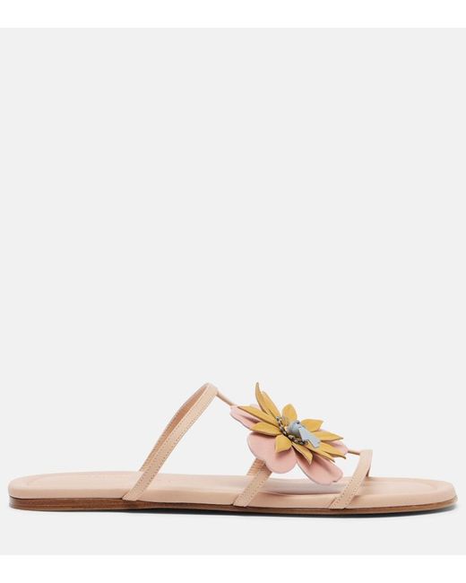 Zimmermann Pink Lilia Floral-Applique Leather Sandals