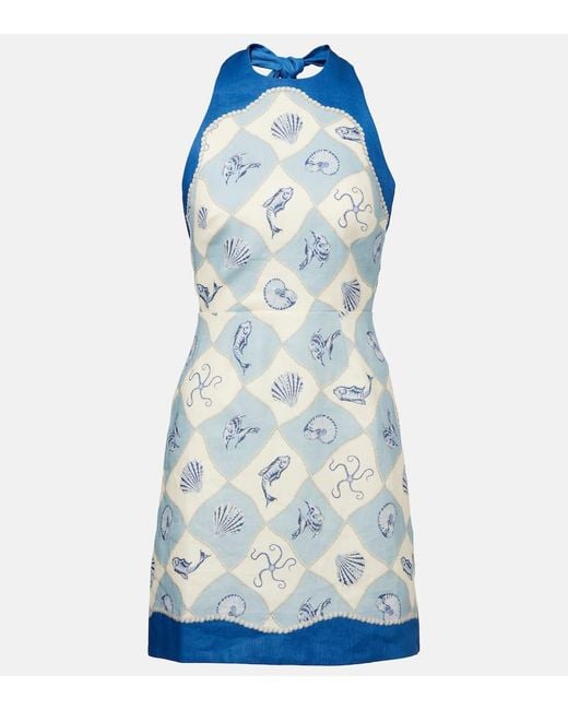 Vestido Corto Pia De Lino Estampado ALÉMAIS de color Blue