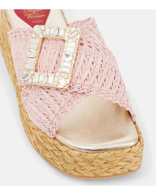 Roger Vivier Pink Espa 60 Embellished Raffia Espadrille Sandals