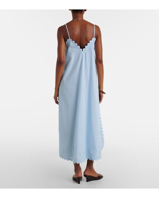 Juliet Dunn Blue Embroidered Scalloped Cotton Midi Dress
