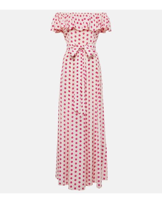 Alexandra Miro Pink Giselle Off-Shoulder Polka-Dot Midi Dress