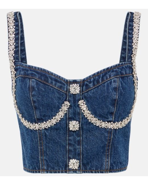 Self-Portrait Blue Embellished Denim Crop Top