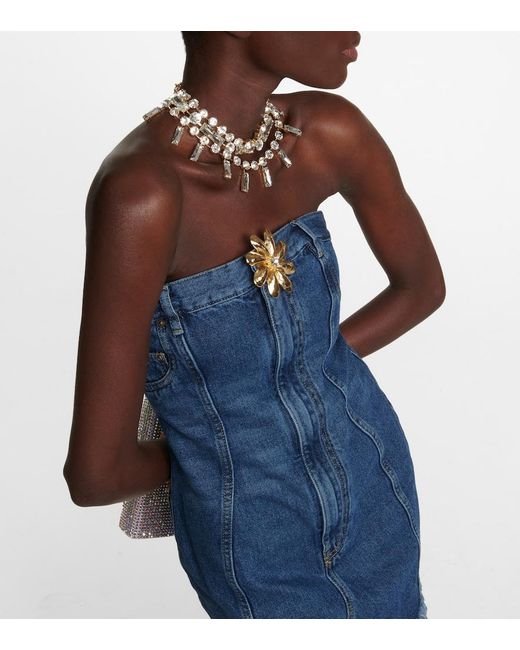 Area Blue Strapless Floral-appliquéd Denim Mini Dress