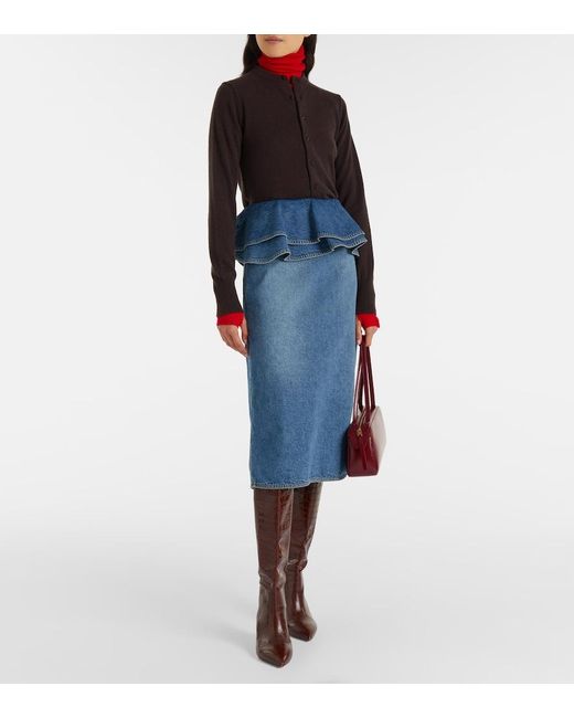 Plan C Blue Peplum Denim Midi Skirt