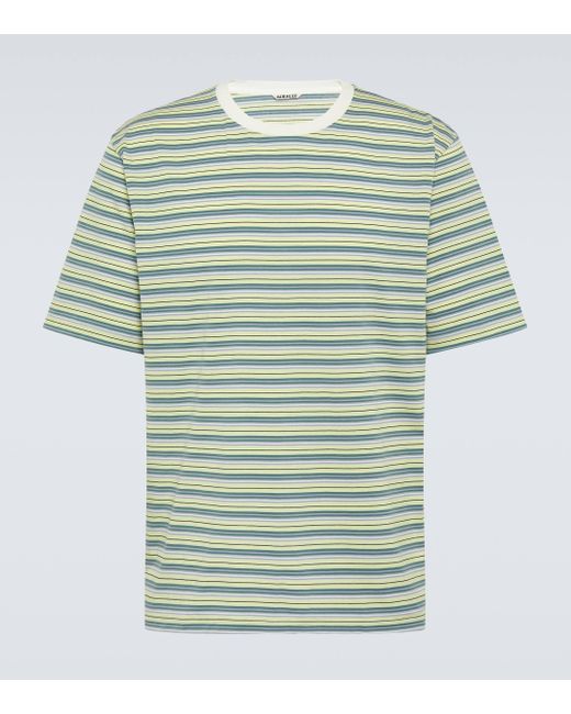 Auralee Green Striped Cotton Gauze T-shirt for men