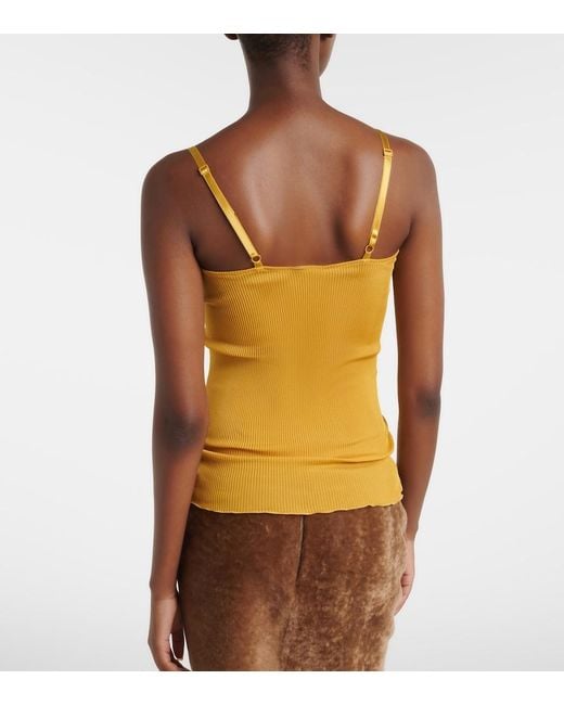 Saint Laurent Yellow Lace-Trimmed Ribbed-Knit Silk Top