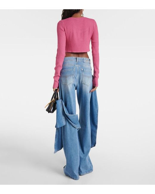 Blumarine Pink Logo Ribbed-Knit Cropped Cardigan