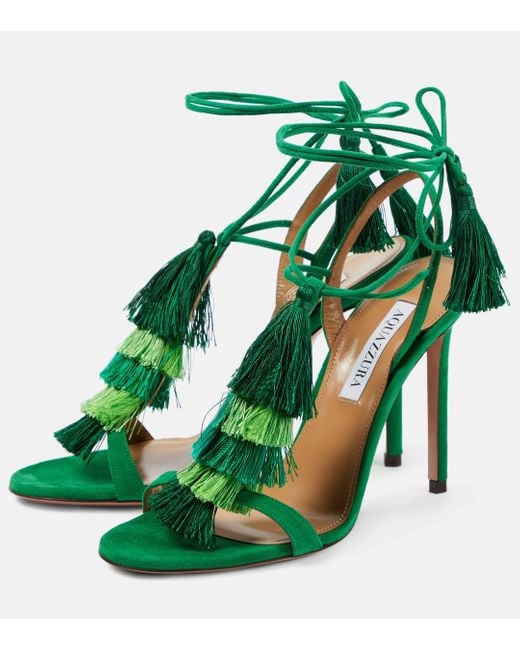 Aquazzura Green Capri Tassel 105 Suede Sandals