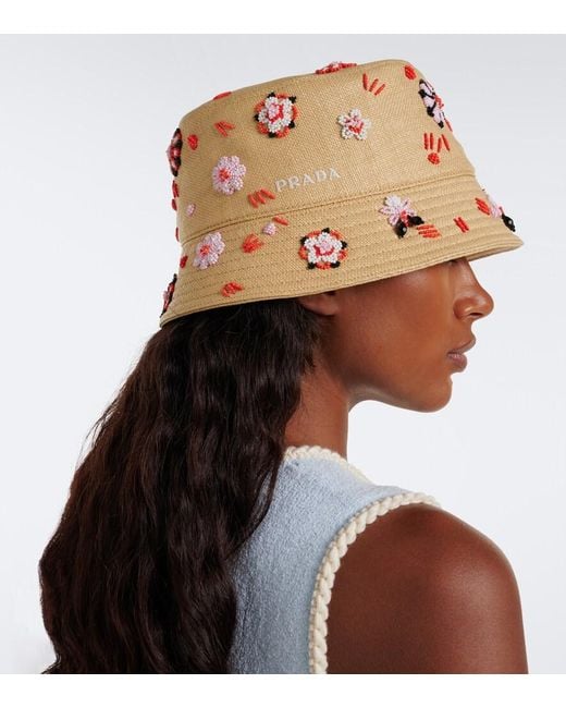 Prada Natural Embroidered Canvas Bucket Hat