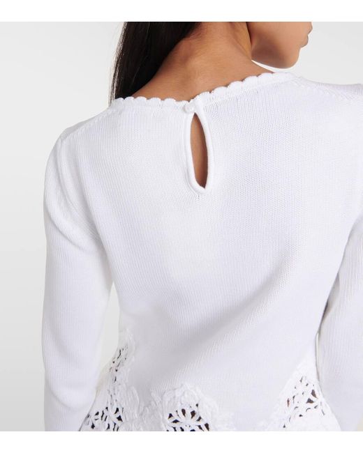 Oscar de la Renta White Lace-trimmed Cotton Sweater