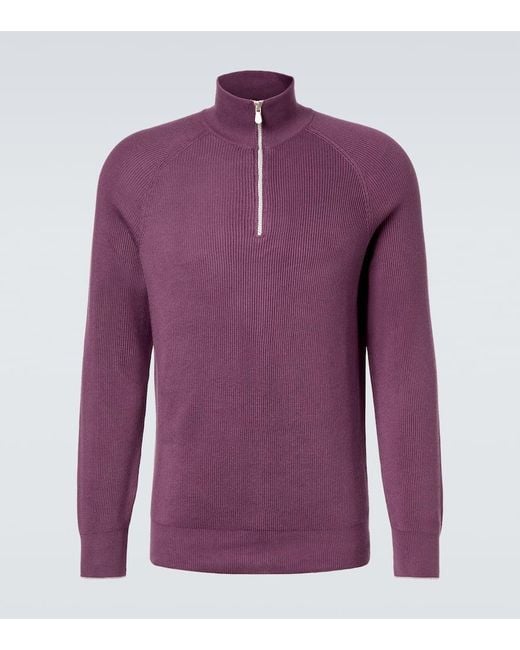 Brunello Cucinelli Purple Ribbed-Knit Cotton Half-Zip Sweater for men
