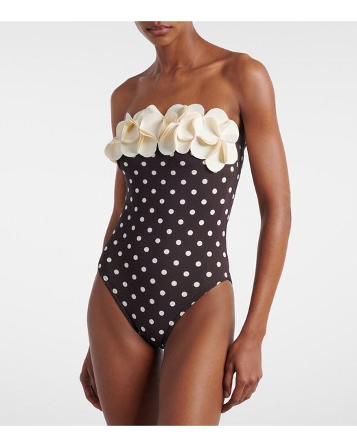 Karla Colletto Black Floral Applique Polka-Dot Bandeau Swimsuit