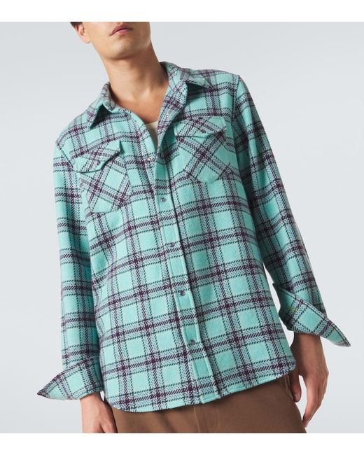 God's True Cashmere Blue Plaid Cashmere Shirt With Amethyst for men